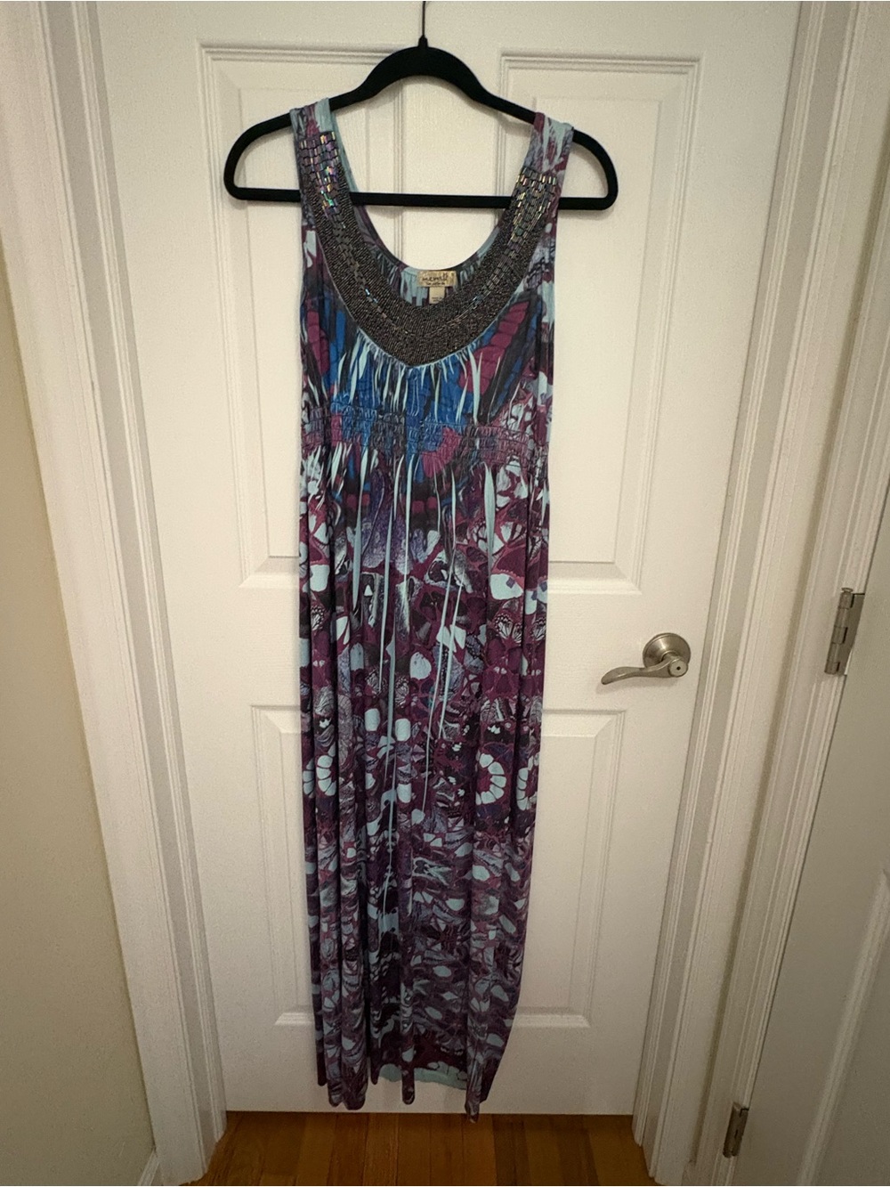 ONE WORLD Sleeveless Beaded Yoke Floral Maxi Dress in Purple and Teal